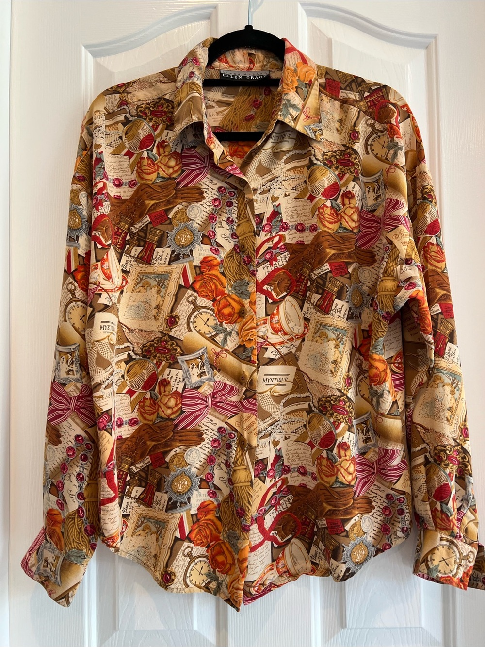 Victorian-Inspired Printed Button-Up Blouse in Cream, Brown & Red